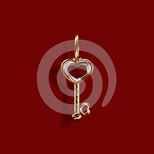 Valentine s Day. Gold pendant Charm in the shape of a Heart Key in white and yellow gold. 3D with shadow. illustration