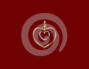 Valentine`s Day. Gold pendant in the form of two hearts of white and yellow gold. 3D with shadow. illustration