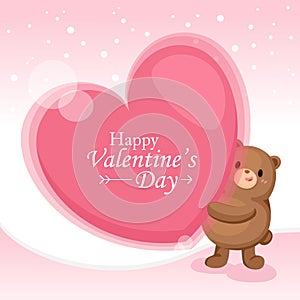 Valentine`s Day Greeting card. Big heart with cute bear on pink background.