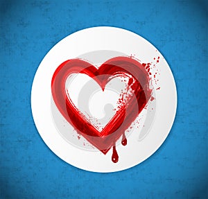 Valentine`s Day greeting card with big red blood grunge heart in white circle on blue background.