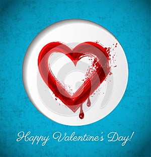Valentine s Day greeting card with big red blood grunge heart in white circle on blue background.