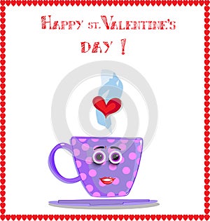 Valentine`s day greeting card with cartoon girl cup character