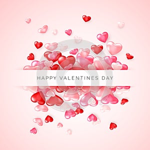 Valentine`s day greeting card. Confetti glossy red heart on pink background with frame and lettering Happy Valentines day. Vector
