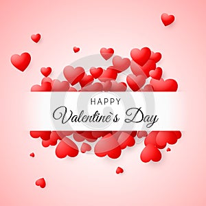 Valentine`s day greeting card. Confetti red heart on pink background with frame and lettering Happy Valentines day. For design po