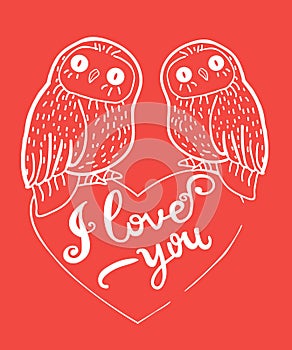 Valentine'S Day Greeting Card With Cute Owls And Heart On Red Background.