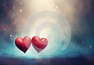 A Valentine's Day greeting card featuring two small romantic hearts and bokeh, providing copy-space