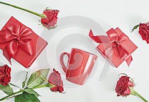 Valentine`s day greeting card. Flowers and gifts boxes on white background. Happy birthday and mother`s day template