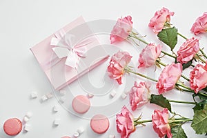 Valentine`s day greeting card. Flowers and gifts boxes on white background. Happy birthday and mother`s day template