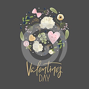 Día de San Valentín tarjeta de felicitación flores dulces, elementos a escrito. ilustraciones 
