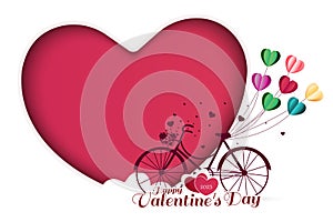 Valentine`s Day greeting card with heart shaped balloons tied on a red bike. Big hearts isolated on white background. Vector