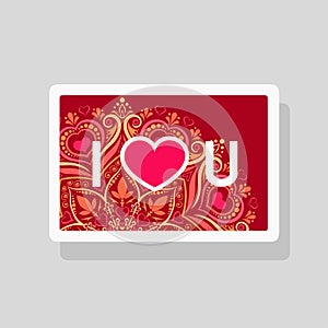 Valentine`s Day greeting card I Love You with abbreviated text and heart shape on mandala background