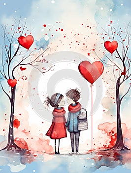 Valentine\'s day greeting card with little boy and girl in love drawn cartoon, greeting card