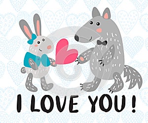 Valentine`s day greeting card with rabbit and wolf