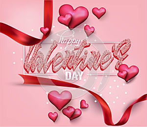 Valentine`s Day greeting card with red hearts and silk ribbons.