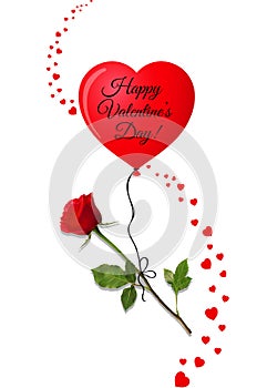 Valentine`s day greeting card with red rose on red heart balloon