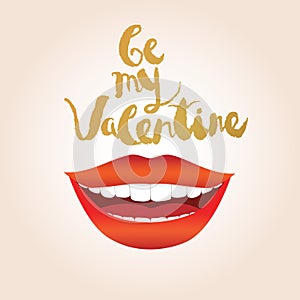 Valentine's day greeting card. Smiling woman with red lips and white teeth lips