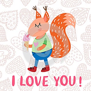 Valentine`s day greeting card with squirrel