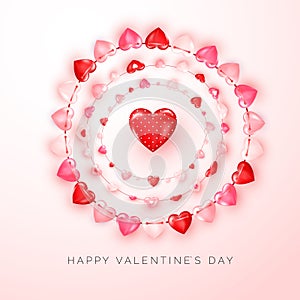 Valentine`s day greeting card with text and decoration garland of hearts on pink background. Vector