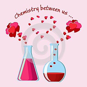 Valentine`s Day greeting card with two chemical flasks with love potions and evaporating hearts, and text.