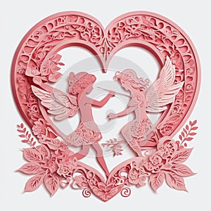 Valentine\'s day greeting card with two cupids in the form of heart. Paper cut style illustration