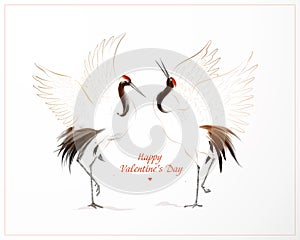 Valentine's Day greeting card with two dancing japanese cranes