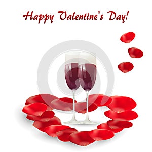 Valentine`s Day greeting card with two glasses of wine and rose petals