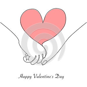 Valentine's Day greeting card. Two hands and a heart drawn in one line. Isolated on a white background. Vector
