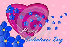 Valentine`s Day greeting cards with red heart and blue flower on pink background.