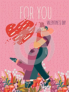 Valentine`s day on greeting vector card with cute  hugging young trendy people. Hand-drawn style with modern couple in love.