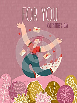 Valentine`s day on greeting vector card with cute young trendy girl. Hand-drawn style with modern couple in love.