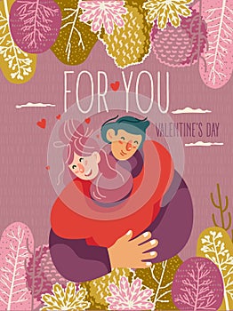 Valentine`s day on greeting vector card with cute young trendy people. Hand-drawn style with modern couple in love.