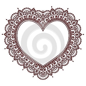 Valentine`s Day grettings card with heart Mehndi, Indian henna tattoo pattern