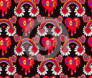 Valentine's Day groovy retro 70s seamless pattern. Love and peace endless texture. Backdrop. vector illustration