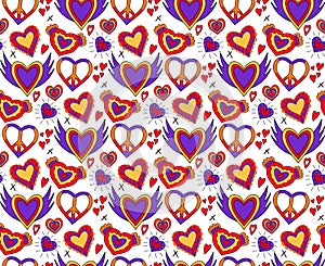 Valentine's Day groovy retro 70s seamless pattern. Love and peace endless texture. Backdrop. vector illustration