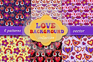 Valentine's Day groovy retro 70s seamless pattern set. Love and peace endless texture. Backdrop. vector illustration