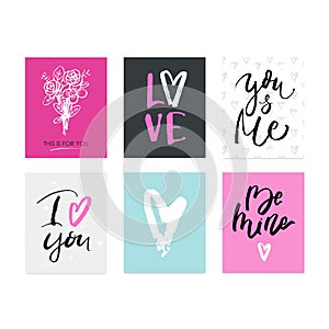 Valentine`s day hand drawn calligraphy and illustration vector set.