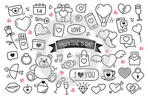 Valentine`s day hand drawn doodles objects and symbols. Set of love and elements background