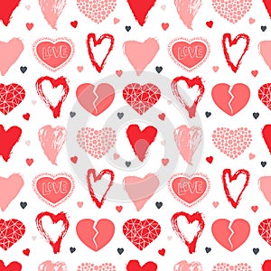 Valentine\'s Day hand drawn seamless pattern of hearts. Love symbol. Marker and brush different heart shapes.