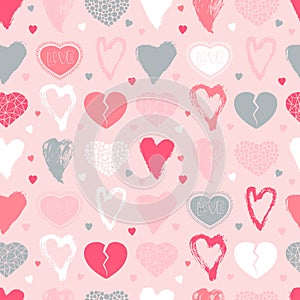 Valentine\'s Day hand drawn seamless pattern of hearts. Love symbol. Marker and brush different heart shapes.