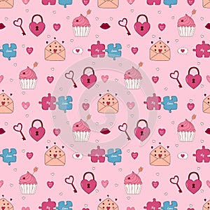Valentine's Day Hand drawn seamless pattern. Letter, heart, cupcake, puzzle and other elements.