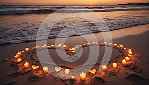 Valentine's Day Heart and candles on sandy beach sunset. Creating romantic setting for Valentine's Day.
