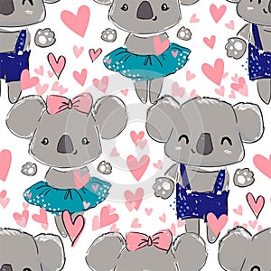 Valentine\'s Day. Heart and koala pattern. Print for baby clothes. Hand drawn cute gray koala. Vector illustration photo