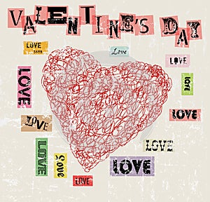 Valentine`s day, heart and love illustration, grunge style, vect