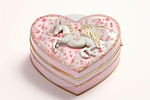 Valentine\'s Day heart shaped box with a white horse, A heart shaped gift box invites the viewer to open, AI Generated