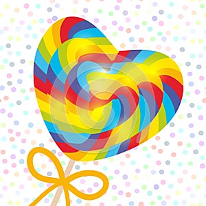 Valentine`s Day Heart shaped candy lollipop with bow, bright rainbow stripes, colorful spiral candy cane. on stick with twisted de