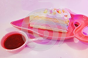 Valentine`s Day Heart Shaped Strawberry Mousse Cake with Strawberry Dip photo