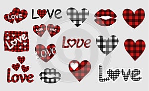 Valentine`s day hearts buffalo plaid stickers printable