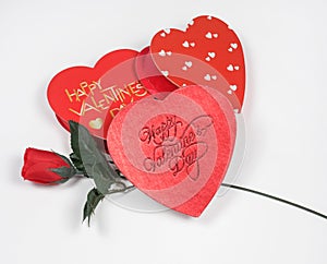 Valentine`s Day Hearts with Red Silk Rose