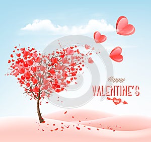 Valentine`s Day holiday background with heart shape tree and blue sky.