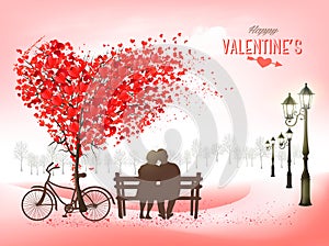 Valentine\'s Day holiday background with tree with heart-shaped leaves and couple in love on a bench. Concept of love. Vector